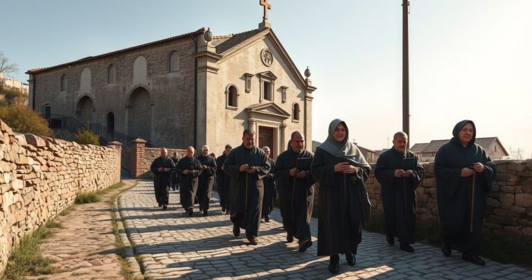 Realistyczny obraz tradycyjnej pielgrzymki katolickiej z modlącymi się pielgrzymami, kapłanem na czele, w spokojnej scenerii sakralnej, ukazujący duchową głębię i wiarę.