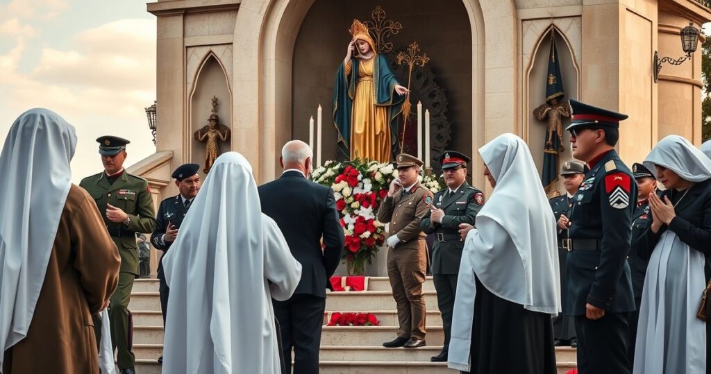 Szczera, katolicka pielgrzymka z żołnierzami i duchownymi przy sanktuarium, wyrażająca tradycyjną pobożność