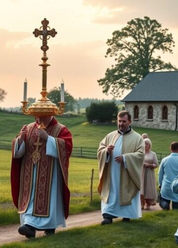Tradycyjna katolicka procesja eucharystyczna na wsi - obraz odwołujący się do katolickiej prawdy Reprodukcja tradycyjnej katolickiej procesji eucharystycznej na wsi, z kapłanami w liturgicznych szatach i wiernymi w modlitewnym skupieniu, podkreślająca autentyczną liturgię i katolicką pobożność.
