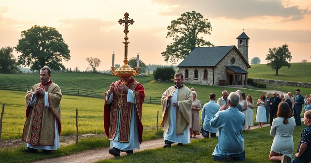 Reprodukcja tradycyjnej katolickiej procesji eucharystycznej na wsi, z kapłanami w liturgicznych szatach i wiernymi w modlitewnym skupieniu, podkreślająca autentyczną liturgię i katolicką pobożność.