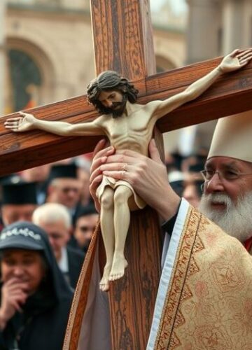 Tradycyjna katolicka procesja z krzyżem – obraz czci i pokuty Zdjęcie realistyczne przedstawiające tradycyjnego kapłana z krzyżem podczas procesji, pełne powagi i wiary, odzwierciedlające katolicką pobożność i szacunek dla Krzyża