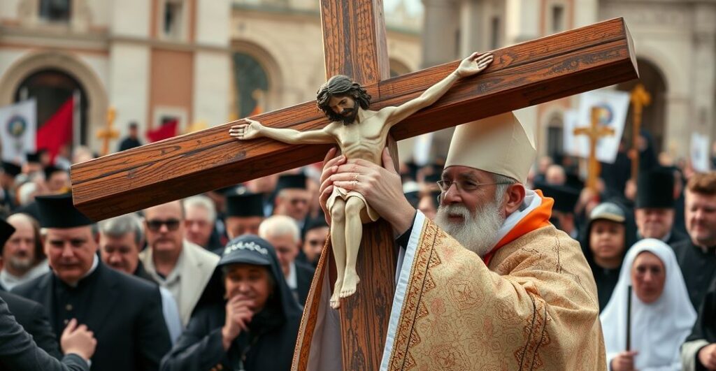 Zdjęcie realistyczne przedstawiające tradycyjnego kapłana z krzyżem podczas procesji, pełne powagi i wiary, odzwierciedlające katolicką pobożność i szacunek dla Krzyża
