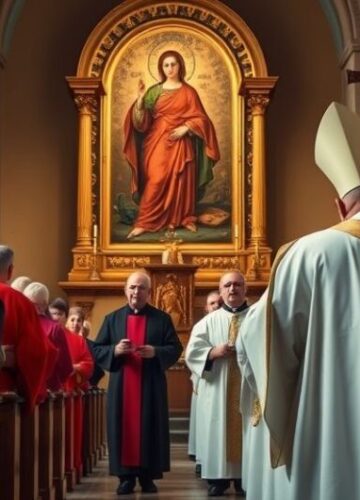 Tradycyjna katolicka procesja z obrazem Matki Bożej Tradycyjna katolicka scena procesji w kościele z kapłanami i obrazem Matki Bożej, odzwierciedlająca autentyczne, pobożne nabożeństwo bez nowoczesnych elementów