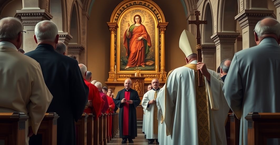 Tradycyjna katolicka scena procesji w kościele z kapłanami i obrazem Matki Bożej, odzwierciedlająca autentyczne, pobożne nabożeństwo bez nowoczesnych elementów
