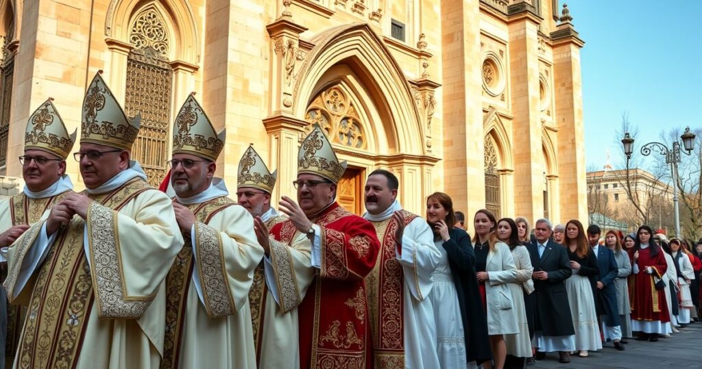 Zdjęcie realistycznej, pełnej czci sceny katolickiej z duchownymi w tradycyjnych szatach, prowadzącymi procesję młodych wiernych przed starożytnym kościołem, ukazujące głęboką religijność i oddanie tradycji katolickiej.