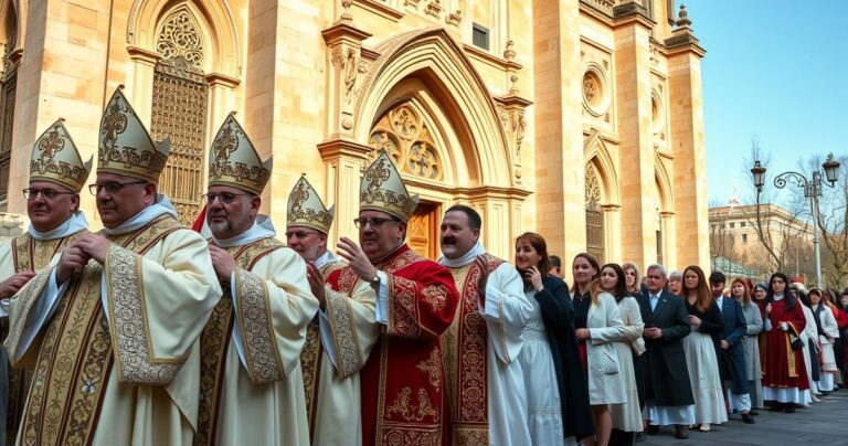 Zdjęcie realistycznej, pełnej czci sceny katolickiej z duchownymi w tradycyjnych szatach, prowadzącymi procesję młodych wiernych przed starożytnym kościołem, ukazujące głęboką religijność i oddanie tradycji katolickiej.