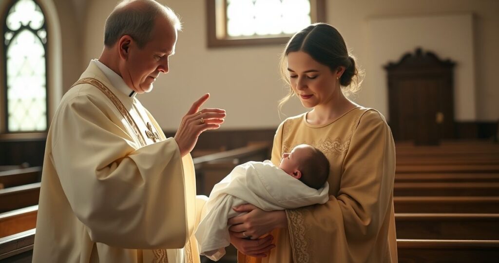 Tradycyjna katolicka rodzina w kościele, kapłan w szatach przedwojennych błogosławi matkę z niemowlęciem, symbolizujący godność rodzicielstwa i błogosławieństwo życia.