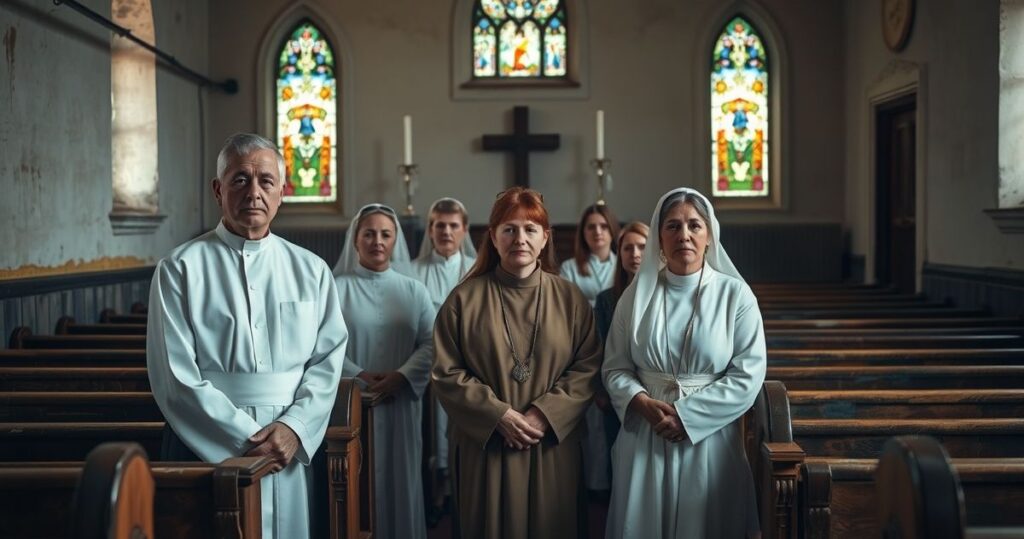 Realistyczne zdjęcie katolickiej rodziny w tradycyjnym kościele, ukazujące duchową powagę i wierność wierze, krytyczne wobec modernistycznej działalności charytatywnej