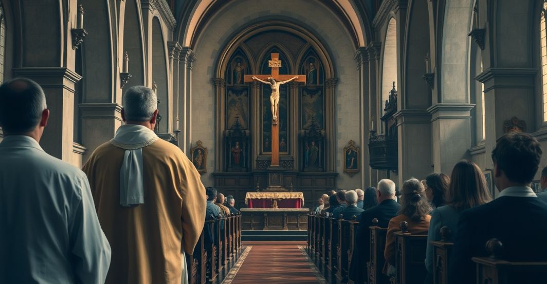 Religijna scena w tradycyjnej katolickiej świątyni z kapłanem, symbolizująca powagę i krytykę nowoczesnych zagrożeń moralnych