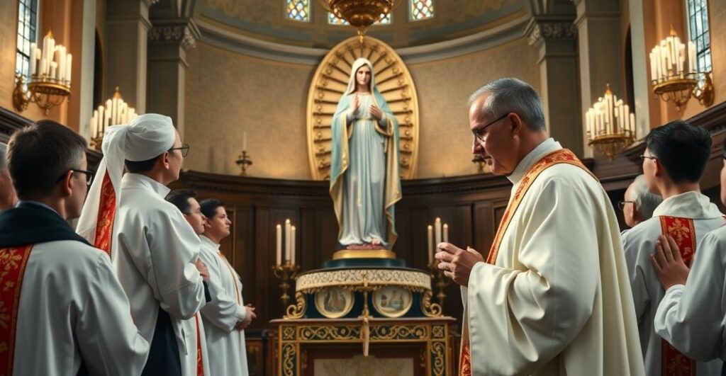 Reverent Catholic priest w modlitewnym geście przed obrazem Matki Bożej w tradycyjnej świątyni