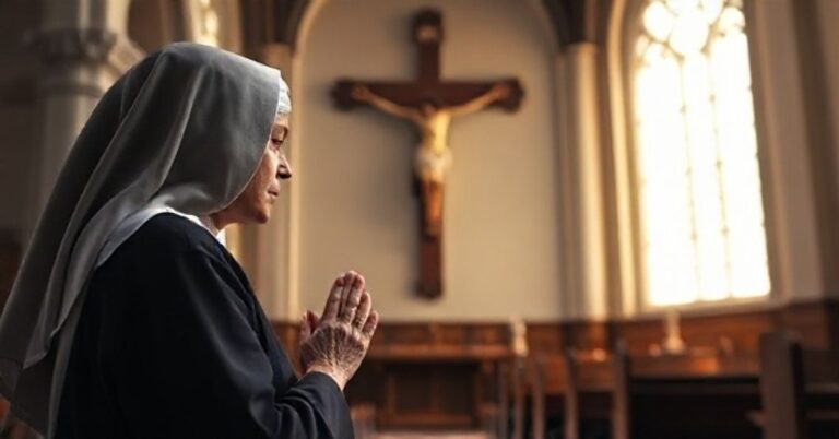 Relewantna scena w tradycyjnym katolickim kościele z zakonnicą modlącą się przed krucyfiksem, symbolizująca głębokie skupienie i pobożność w duchu katolickim