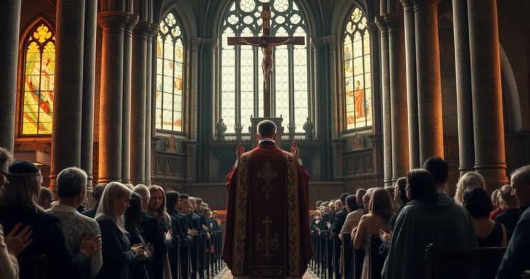 Tradycyjna katolicka scena z kościoła, kapłan z krzyżem, młodzi wierni w modlitwie, ciepłe światło, atmosfera duchowości i pokory