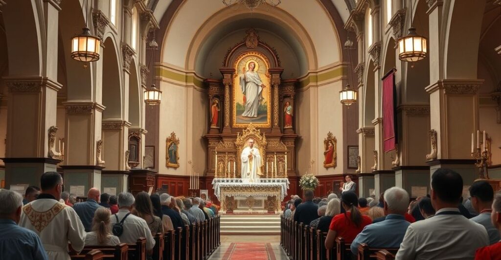 Wnętrze tradycyjnego katolickiego kościoła z relikwiami św. Carla Acutisa, kapłanami w liturgicznych vestmentach i wiernymi modlącymi się w skupieniu