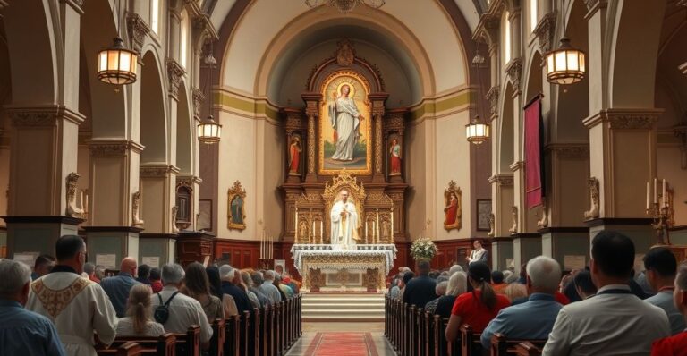 Wnętrze tradycyjnego katolickiego kościoła z relikwiami św. Carla Acutisa, kapłanami w liturgicznych vestmentach i wiernymi modlącymi się w skupieniu