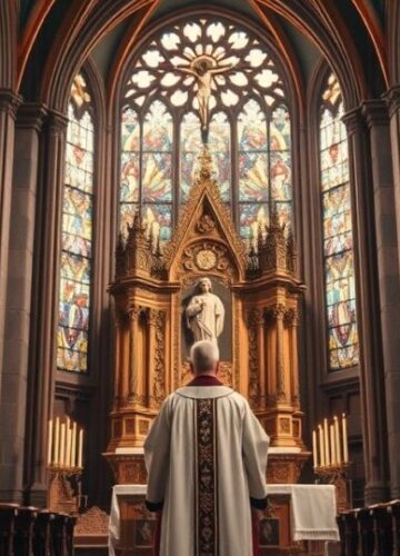 Tradycyjna scena katolicka w krytycznym kontekście synkretyzmu Sanktuarium katolickie z kapłanem i krucyfiksem, symbolizujące wierną katolicką duchowość i krytykę synkretyzmu religijnego