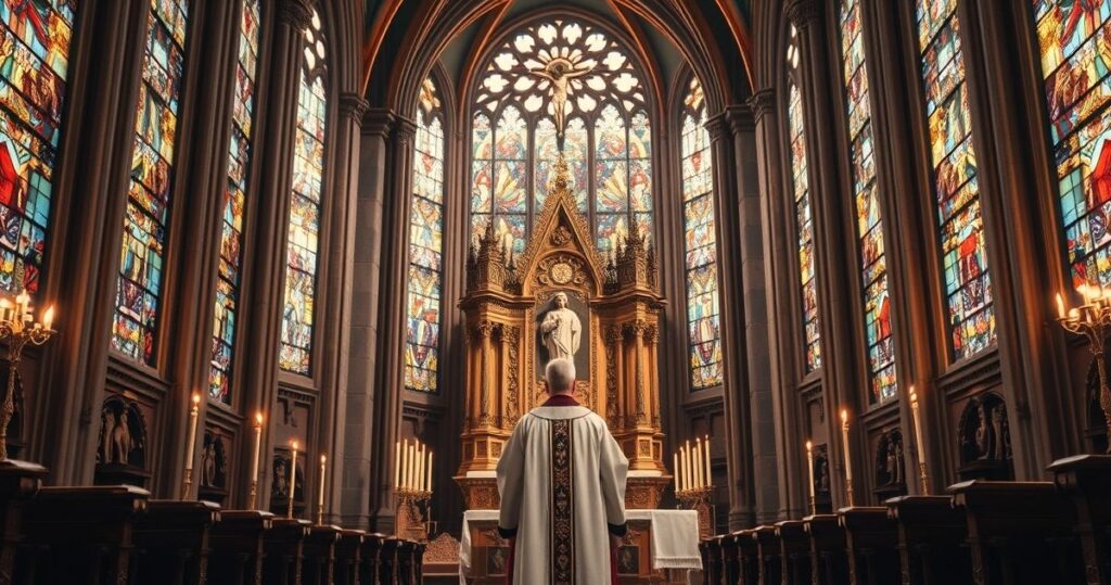 Sanktuarium katolickie z kapłanem i krucyfiksem, symbolizujące wierną katolicką duchowość i krytykę synkretyzmu religijnego