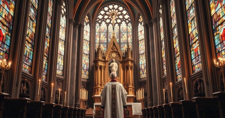 Sanktuarium katolickie z kapłanem i krucyfiksem, symbolizujące wierną katolicką duchowość i krytykę synkretyzmu religijnego