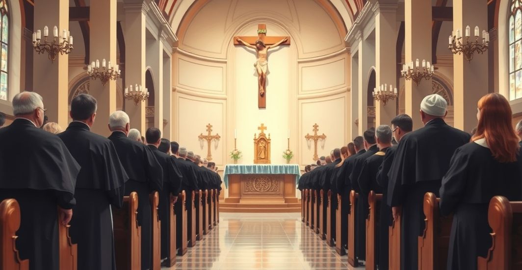 Tradycyjna katolicka scena w kościele z kapłanami i wiernymi, oddająca szacunek i wierność naukom Kościoła, bez nowoczesnych czy protestanckich akcentów
