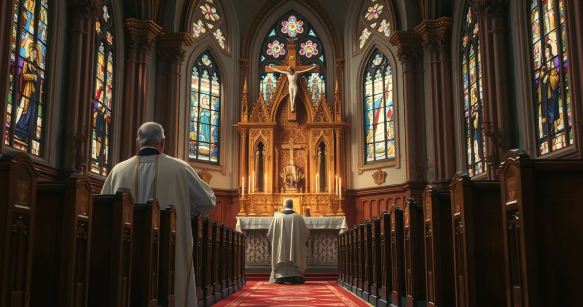 Katolicki kapłańskie wstawanie przed ołtarzem w tradycyjnych szatach, w głębi świece i witraże, wyraz głębokiej wiary i oddania Bogu w autentycznym katolickim kontekście.