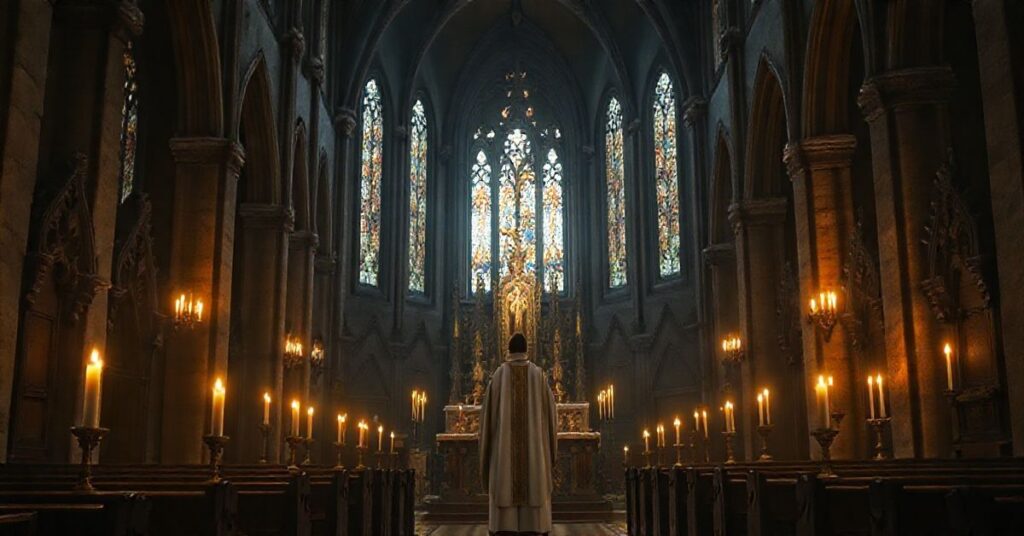 Reverentny obraz katolickiej świątyni z kapłanem w liturgicznym stroju, świecami i relikwiami, oddający powagę prawdziwej wiary katolickiej