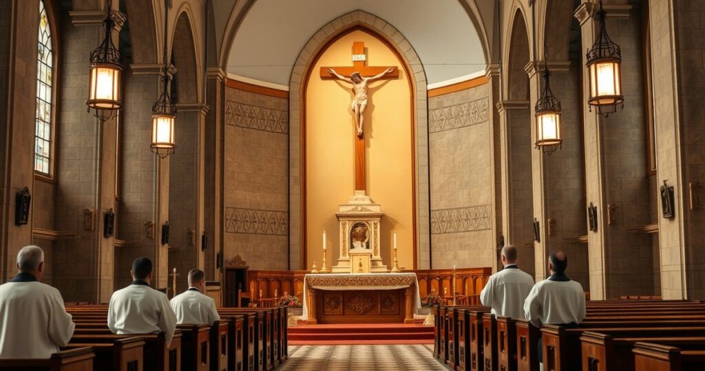 Katolicka świątynia z ołtarzem i kapłanem w liturgicznych szatach, oddająca powagę i wiarę w tradycyjnym katolickim duchu