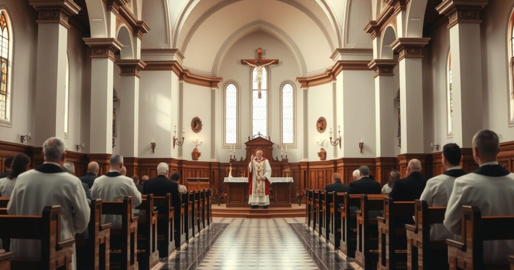 Rekonstrukcja tradycyjnej, katolickiej świątyni z kapłanem i wiernymi w modlitwie, symbolizująca autentyczną katolicką pobożność i krytykę nowoczesnych zmian