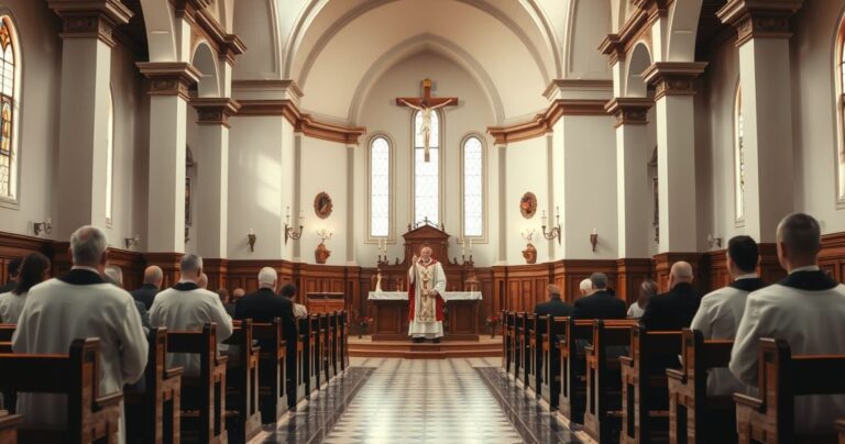 Rekonstrukcja tradycyjnej, katolickiej świątyni z kapłanem i wiernymi w modlitwie, symbolizująca autentyczną katolicką pobożność i krytykę nowoczesnych zmian