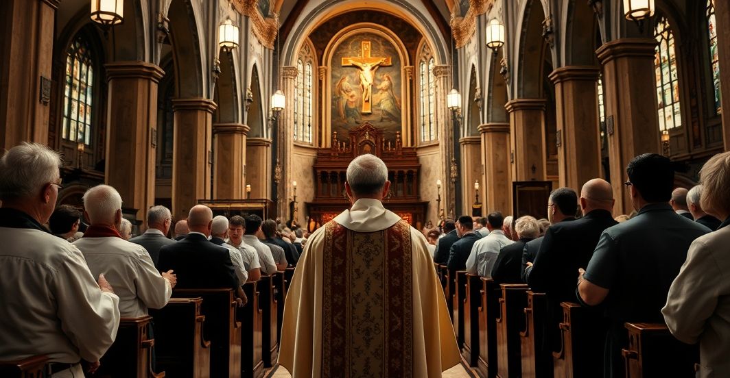 Rekonstrukcja tradycyjnej katolickiej świątyni z kapłanem w liturgicznych szatach, symbolizująca autentyczną wiarę i duchowość w kontekście krytyki modernistycznego kościoła