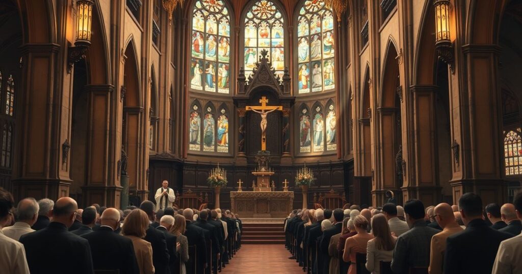 Obraz tradycyjnej katolickiej świątyni z kapłanami w sutannach, ukazujący krytykę modernistycznych wpływów w Kościele, refleksja nad utratą prawdziwej wiary i duchowości