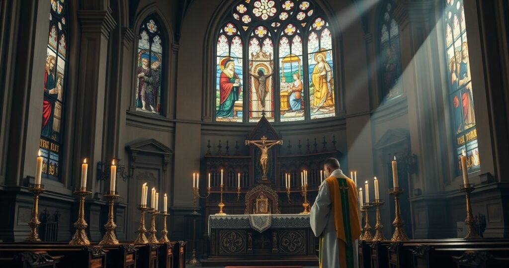 Reverentne zdjęcie tradycyjnej katolickiej świątyni z ołtarzem, kapłanem w szatach i świecami, symbolizujące autentyczną liturgię i wierność nauce Kościoła katolickiego.