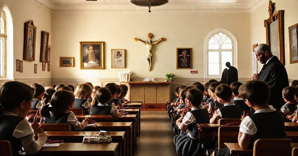 Tradycyjna katolicka klasa szkolna z dziećmi modlącymi się różańcem pod okiem surowego księdza. W tle widnieje cień modernistycznego uzurpatora.