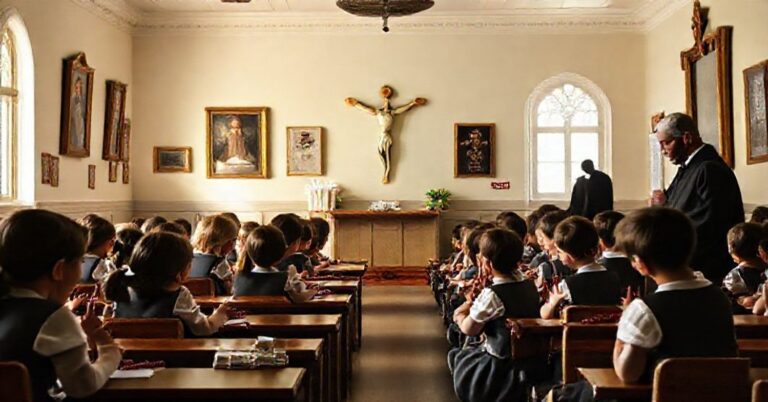 Tradycyjna katolicka klasa szkolna z dziećmi modlącymi się różańcem pod okiem surowego księdza. W tle widnieje cień modernistycznego uzurpatora.