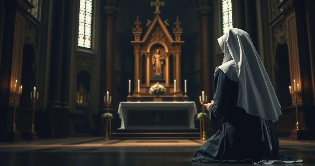 Zdjęcie tradycyjnej katolickiej zakonnicy modlącej się w kaplicy z monstrancją, wyrażające powagę i wierność doktrynie Kościoła