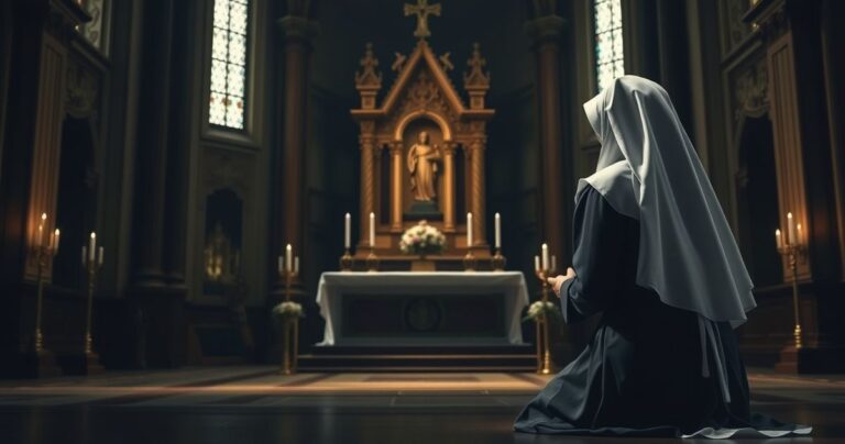 Zdjęcie tradycyjnej katolickiej zakonnicy modlącej się w kaplicy z monstrancją, wyrażające powagę i wierność doktrynie Kościoła