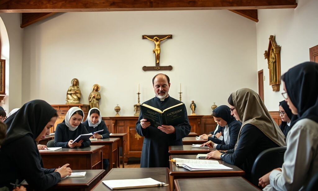 Tradycyjna katolicka klasa z nauczycielem i uczniami modlącymi się