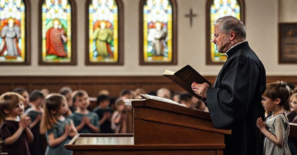 Klasa katolicka z tradycyjnym księdzem w sutannie i dziećmi modlącymi się w szacunkiem do nauki wiary