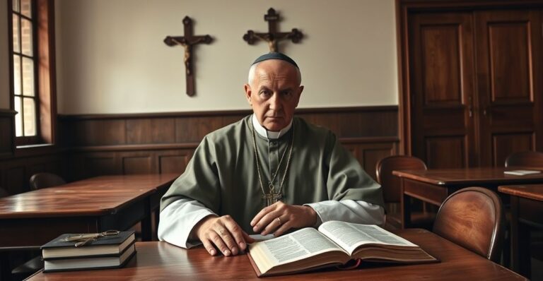 Tradycyjna katolicka klasa szkolna z nauczycielem w sutannie, krytyczny obraz edukacji oddającej walkę z wiarą w szkołach