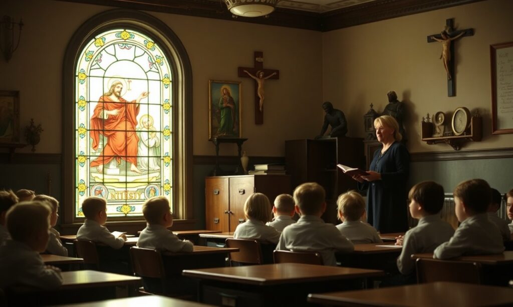 Uczniowie w tradycyjnej klasie katolickiej z nauczycielem i symbolami religijnymi