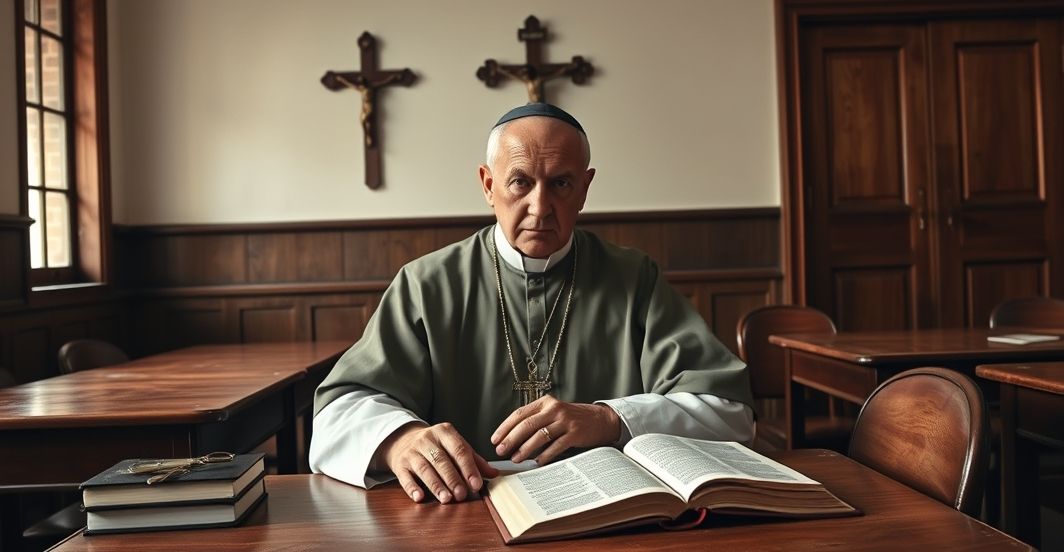 Tradycyjna katolicka klasa szkolna z nauczycielem w sutannie Tradycyjna katolicka klasa szkolna z nauczycielem w sutannie, krytyczny obraz edukacji oddającej walkę z wiarą w szkołach