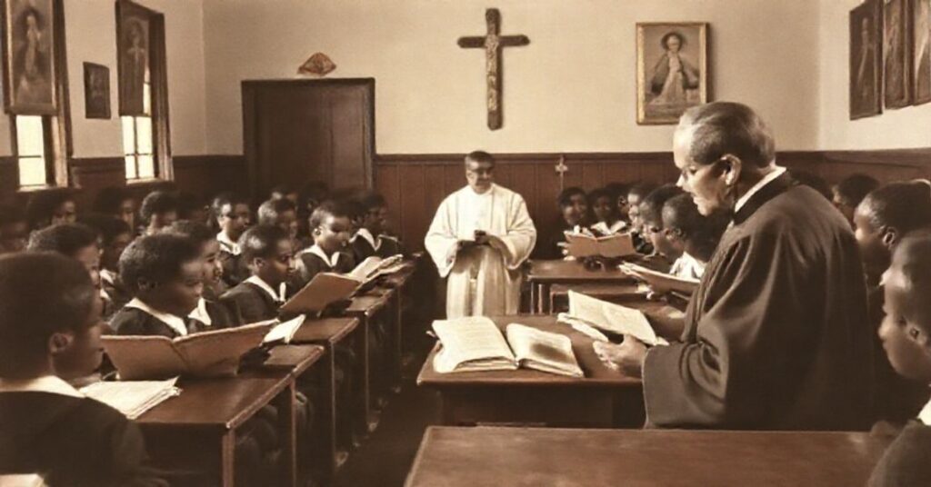 Stara klasa religii z tradycyjnym ks. w sutannie uczącym młodzież z katechizmów.