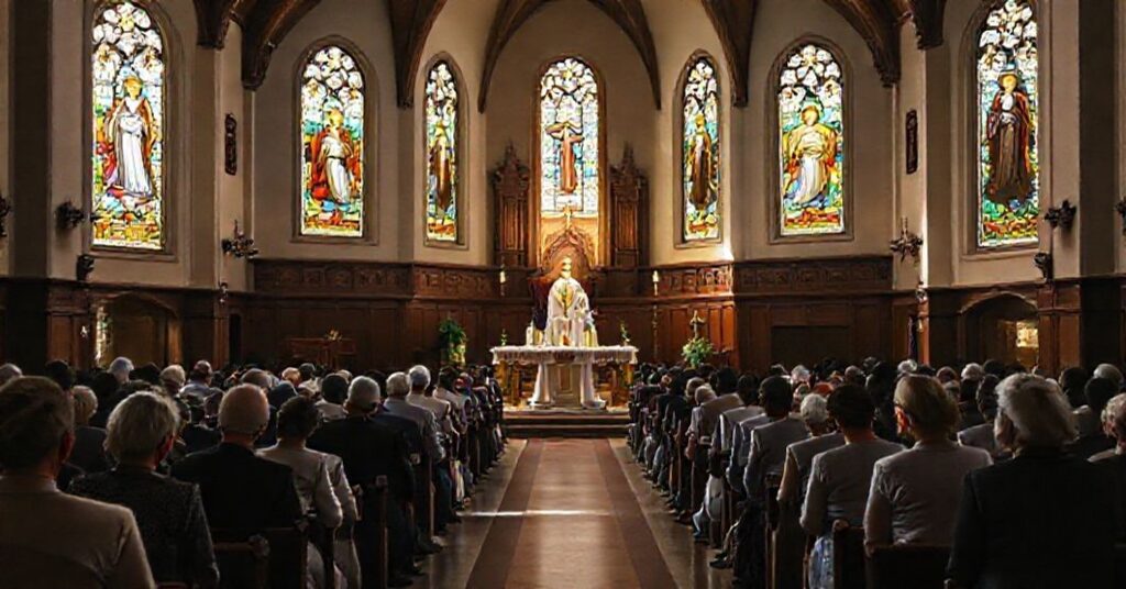 Wnętrze kościoła katolickiego z tradycyjnym ołtarzem i modlącym się zgromadzeniem wiernych.