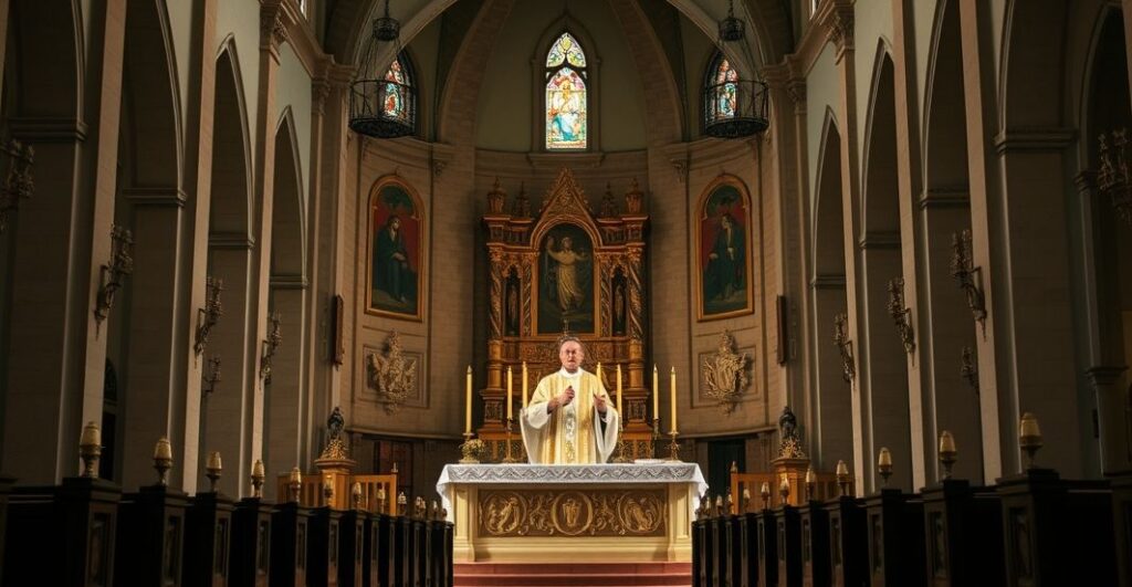 Zdjęcie realistycznego, pełnego szacunku wnętrza tradycyjnego kościoła katolickiego z kapłanem podczas liturgii, ukazujące powagę i tradycję katolickiej Eucharystii