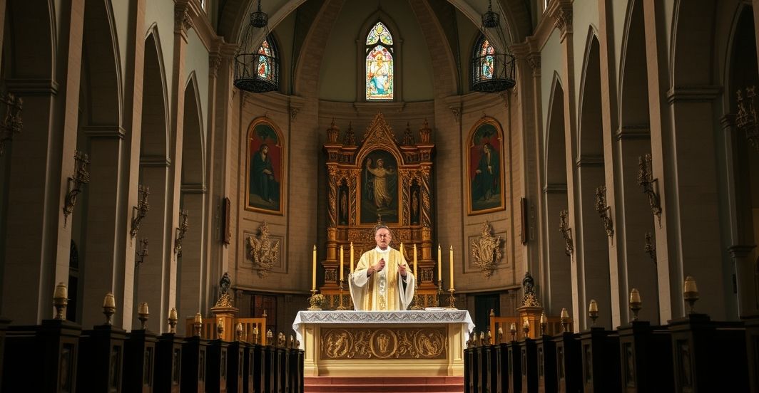 Zdjęcie realistycznego, pełnego szacunku wnętrza tradycyjnego kościoła katolickiego z kapłanem podczas liturgii, ukazujące powagę i tradycję katolickiej Eucharystii
