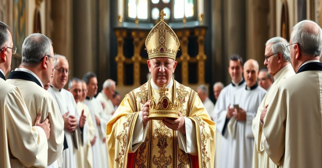 Obraz przedstawiający uroczystą koronację papieską według tradycyjnych rytów katolickich w Bazylice św. Piotra w Watykanie. Biskup w pełnym ornacie liturgicznym trzyma historyczną tiary papieską symbolizującą władzę Chrystusa-Króla. Otaczają go akolici i duchowni w tradycyjnych szatach liturgicznych z widocznym ołtarzem i tabernakulum na tle. Scena jest realistyczna i poważna, podkreślająca sakralność Kościoła przed Watykanem II.