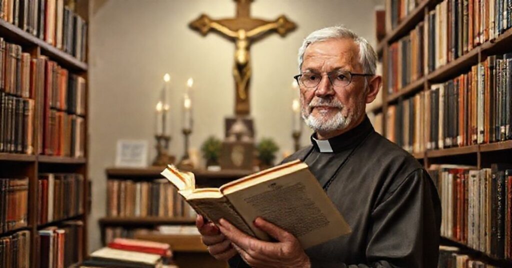 Księgarz katolicki w tradycyjnej księgarnia parafialne otoczony klasycznymi dziełami literatury katolickiej, z poważną miną trzymając zakazany książki.