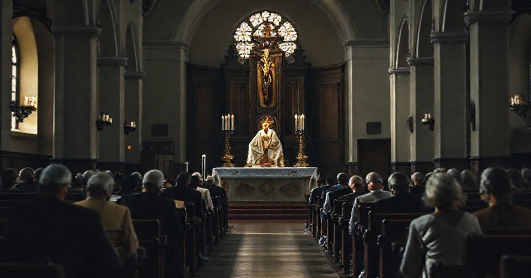 Tradycyjna łacińska msza w Brooklynie - walka o tradycję Tradycyjna łacińska msza w pustoszącej się kościele - wierni modlący się podczas celebracji w starej rycie