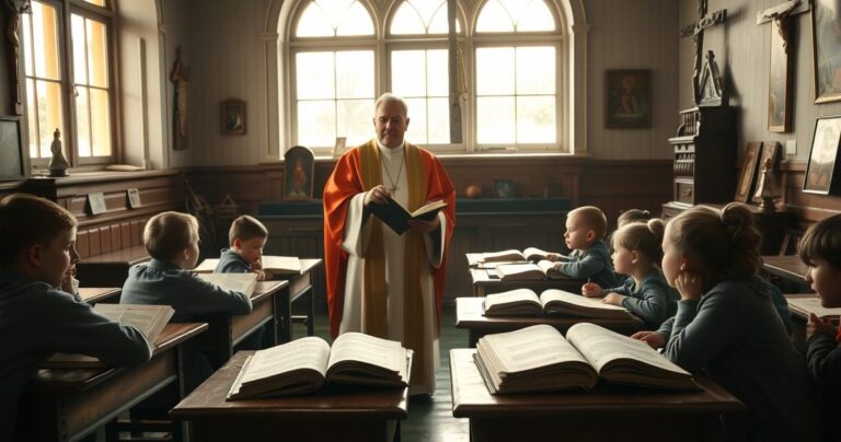 Tradycyjna katolicka lekcja religii w klasie z księdzem w szatach sedevakantystycznych uczącym dzieci, autentyczna atmosfera, ciepłe naturalne światło