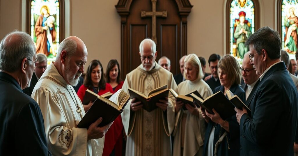 Grupa katolików w kaplicy czytających Pismo Święte w tradycyjnym stylu
