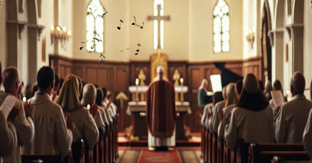 Tradycyjna msza święta w kościele przedobrzędowym, z kapłanem celebrującym rzymski obrządek trydencki, otoczonym przez śpiewające kleryki w sutannach i surppliciach. Na tle, w nieostrym układzie, pianista grający na fortepianie symbolizuje nowoczesne naruszanie świętości liturgii.