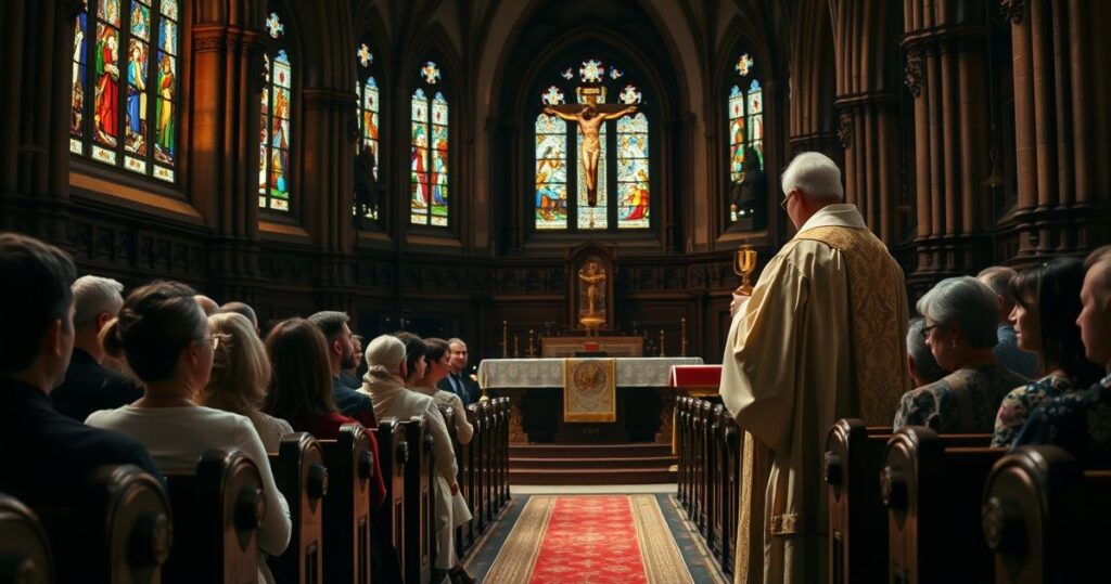 Szczera, pełna szacunku scena liturgii w tradycyjnym katolickim kościele, z kapłanem celebrującym Eucharystię w głębokiej modlitwie